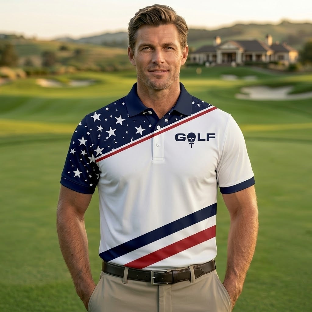 I Put It In Every Hole Funny Golf Polo - Patriotic Men's White Golf Shirt, America 250th Anniversary Star Design