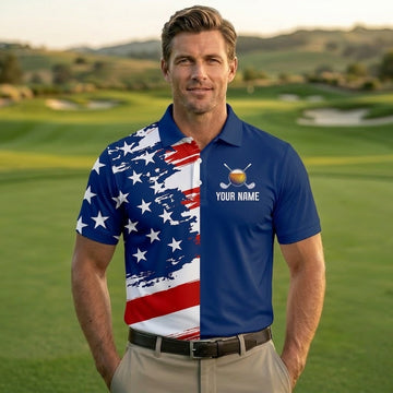 Custom Name My Drinking Team Has A Golfing Problem Polo - Funny Beer Golf Shirt Men, Patriotic 250th Anniversary Navy Shirt