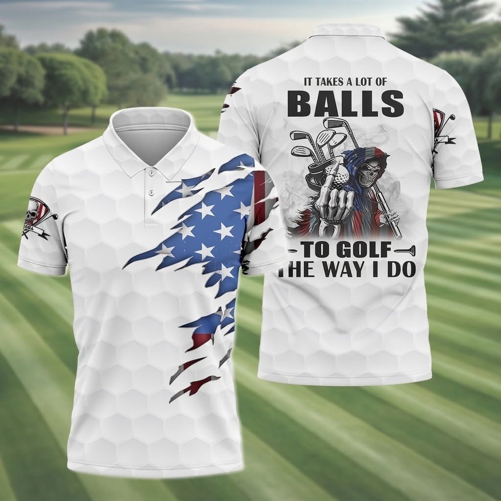 It Takes A Lot Of Balls Funny Golf Polo - Skeleton Reaper Patriotic Men's Shirt, 250th Anniversary Ripped USA Flag