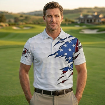 It Takes A Lot Of Balls Funny Golf Polo - Skeleton Reaper Patriotic Men's Shirt, 250th Anniversary Ripped USA Flag