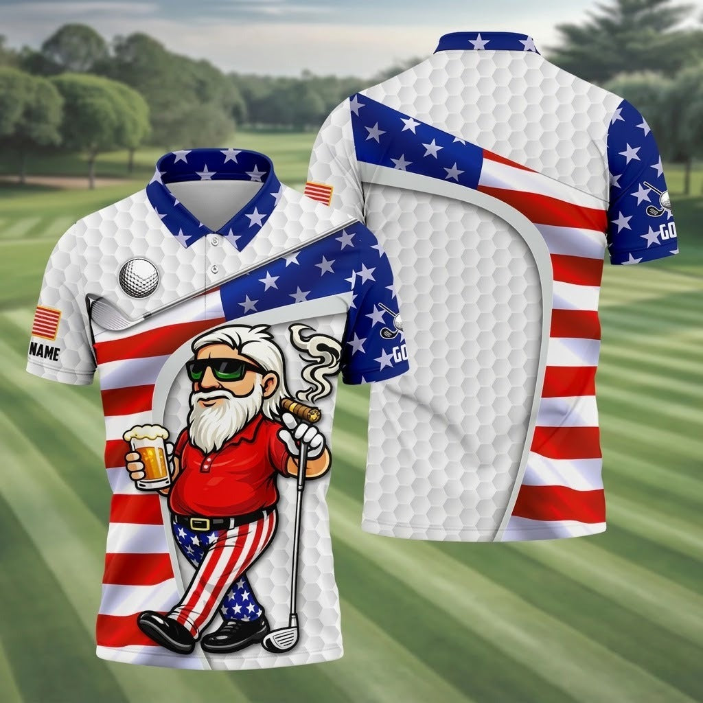 Custom Name Patriotic Golfing Man Polo - Funny Beer & Cigar White Golf Shirt, America 250th Anniversary Hexagon Pattern