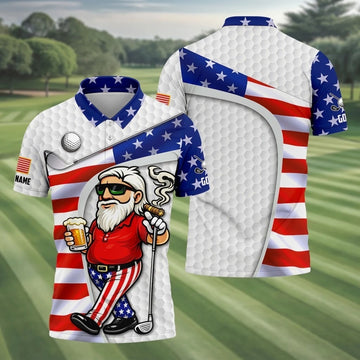 Custom Name Patriotic Golfing Man Polo - Funny Beer & Cigar White Golf Shirt, America 250th Anniversary Hexagon Pattern