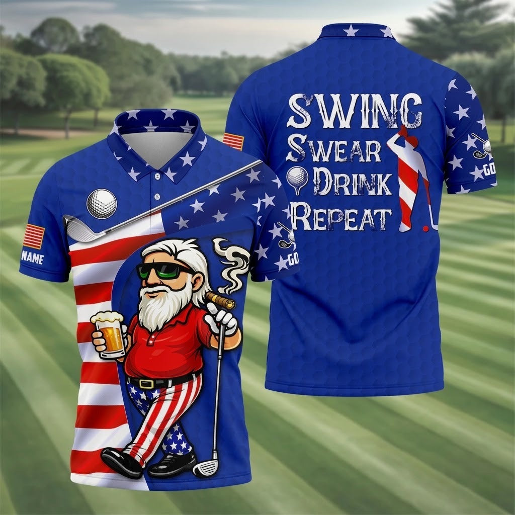 Custom Name Swing Swear Drink Repeat Polo - Funny Beer & Golf Men's Shirt, Patriotic 250th Anniversary Navy Golfing Top