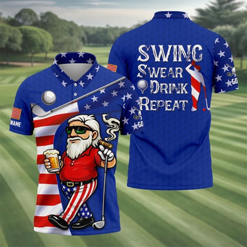 Custom Name Swing Swear Drink Repeat Polo - Funny Beer & Golf Men's Shirt, Patriotic 250th Anniversary Navy Golfing Top