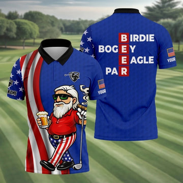 Patriotic Man Golf And Beer Funny 4th Of July Navy Golf Shirt, 250 Years Of America Golf Shirts For Men