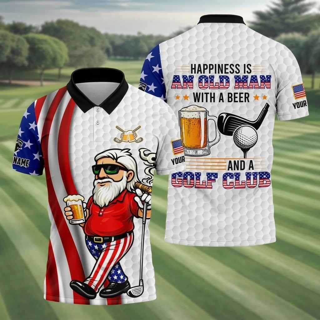 Happiness Is An Old Man With A Beer Funny 4th Of July White Golf Shirt, 250th Anniversary Golf Shirts For Men