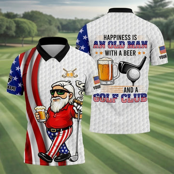 Happiness Is An Old Man With A Beer Funny 4th Of July White Golf Shirt, 250th Anniversary Golf Shirts For Men