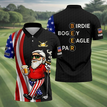 Custom Name Beer Golf Shirt, Birdie Bogey Eagle Par Funny Men's Shirt, Patriotic 250th Anniversary Black Golfing Top