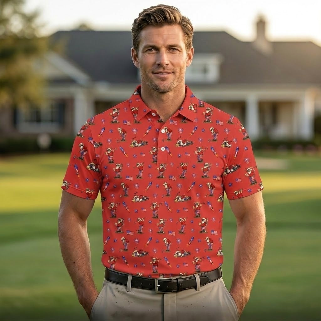 Men's Red Funny Patriotic Golf Polo - 4th of July USA Flag & Beer Pattern Shirt, America 250th Anniversary Performance Top