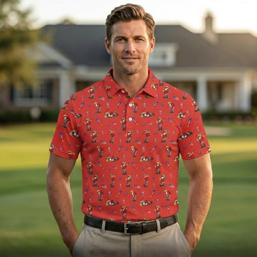 Men's Red Funny Patriotic Golf Polo - 4th of July USA Flag & Beer Pattern Shirt, America 250th Anniversary Performance Top