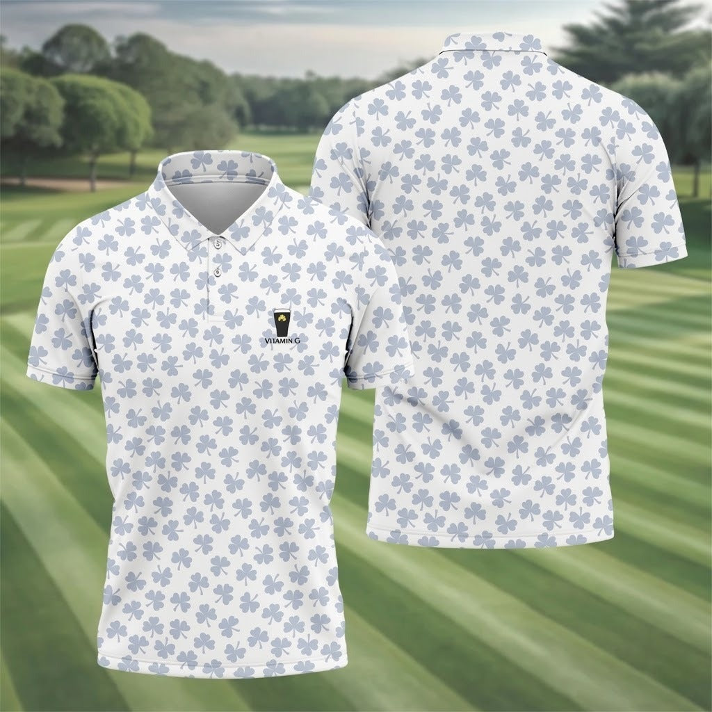 Vitamin G Shamrock Pattern Golf And Beer White Golf Shirt, St Patrick's Day Golf Shirt, Polo Shirts For Men