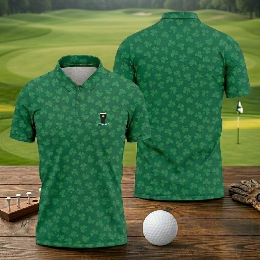 Vitamin G Shamrock Pattern Golf And Beer Green Golf Shirt, St Patrick's Day Golf Shirt, Polo Shirts For Men