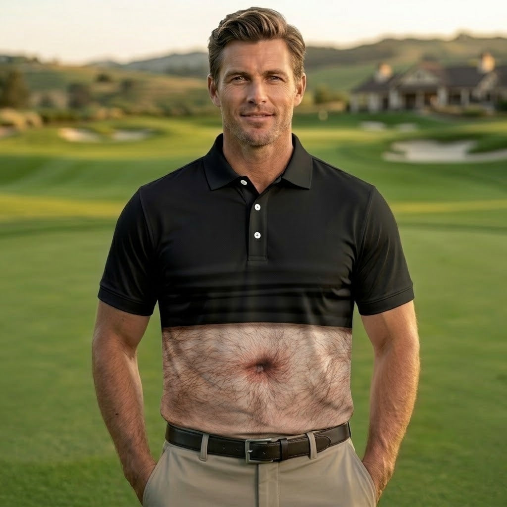 Men's Funny Hairy Belly Golf Polo, Realistic Stomach Print Shirt, Unique Golfer Gift