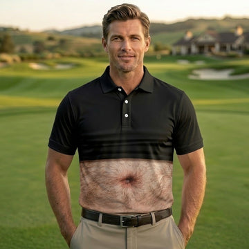 Men's Funny Hairy Belly Golf Polo, Realistic Stomach Print Shirt, Unique Golfer Gift