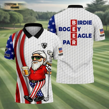 Custom Name Beer Golf Polo, Birdie Bogey Eagle Par Funny Men's White Shirt, Patriotic 250th Anniversary Golfing Top