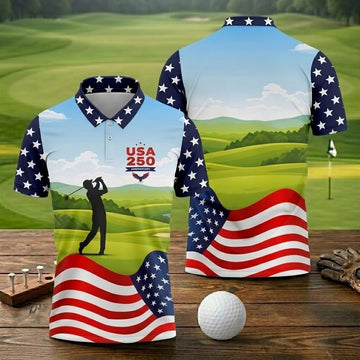 USA 250th Anniversary American Flag Golf Shirt, Patriotic 4th Of July Golf Shirts For Men