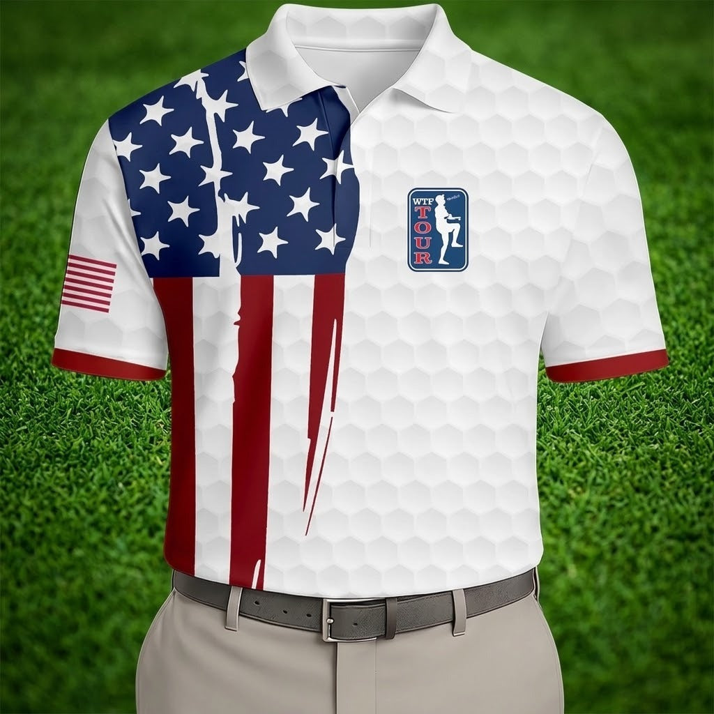 Golf Ball Pattern WTF Tour US Flag 4th Of July Patriotic Golf Shirt, 250th Anniversary Polo Shirts For Men