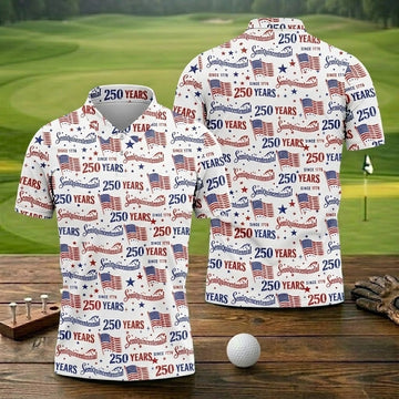 Semiquincentennial 250 Years Distressed American Flag Golf Shirt, Patriotic 4th Of July Golf Shirts For Men