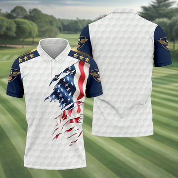 Rugged Ripped American Flag Golf Polo - Men's White Hexagon Pattern Patriotic Shirt, 250th Anniversary Gold Stars Polo