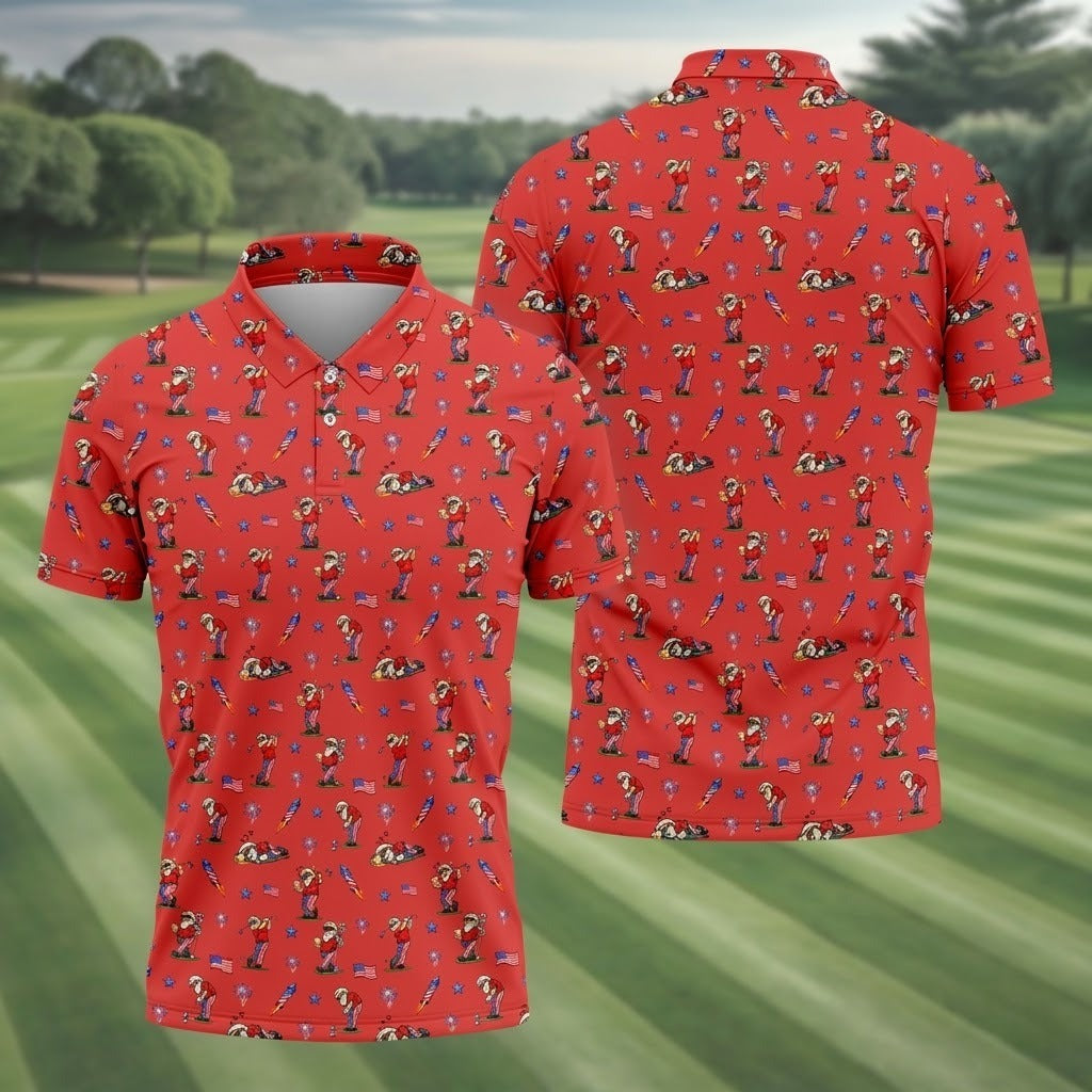 Men's Red Funny Patriotic Golf Polo - 4th of July USA Flag & Beer Pattern Shirt, America 250th Anniversary Performance Top