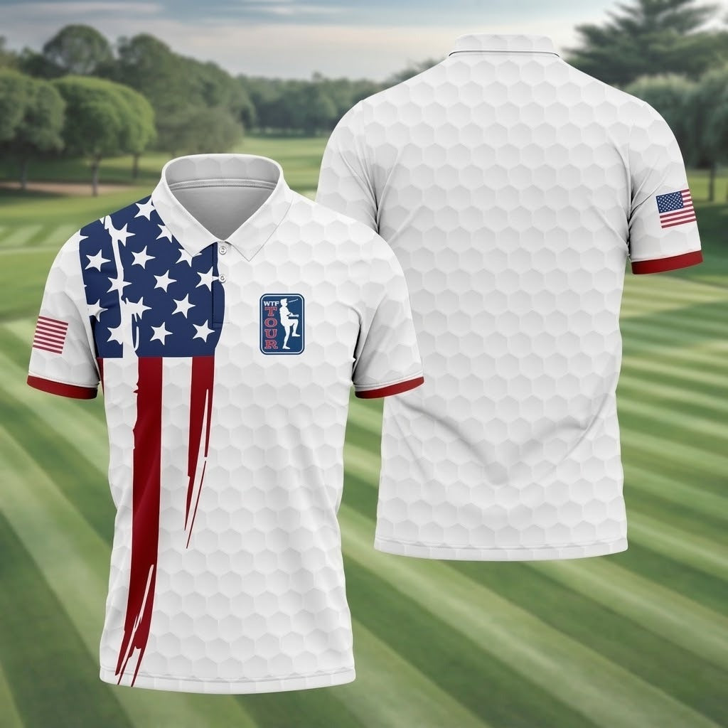 Golf Ball Pattern WTF Tour US Flag 4th Of July Patriotic Golf Shirt, 250th Anniversary Polo Shirts For Men