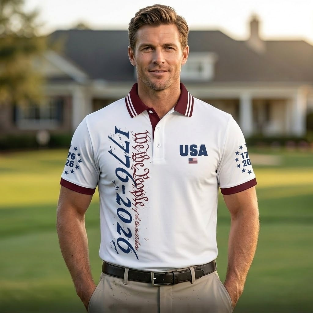 We The People 1776-2026 Patriotic Golf Polo - America 250th Anniversary Men's White Shirt, Betsy Ross Flag Style