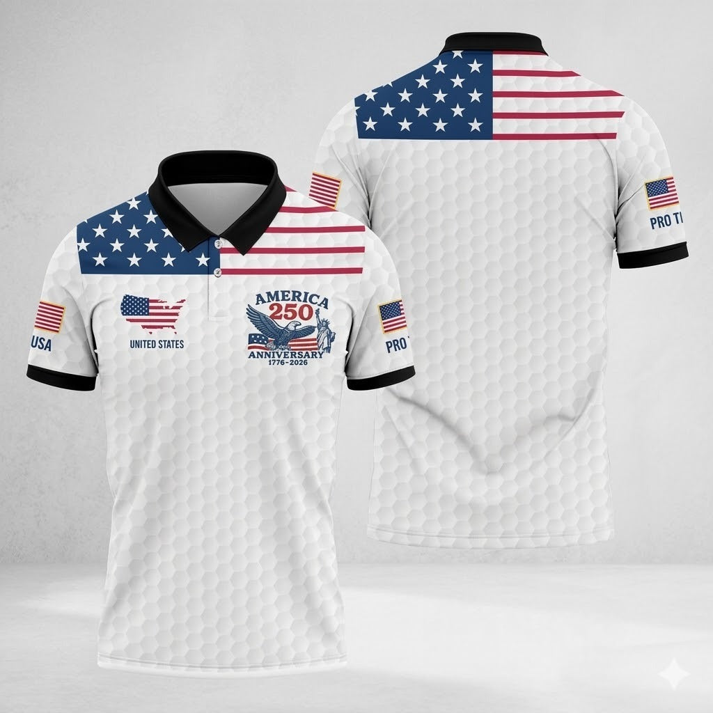 America 250 Years 1776-2026 Patriotic Golf Polo - Custom Men's Performance Golf Tops for 4th of July, United States Flag