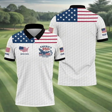 America 250 Years 1776-2026 Patriotic Golf Polo - Custom Men's Performance Golf Tops for 4th of July, United States Flag