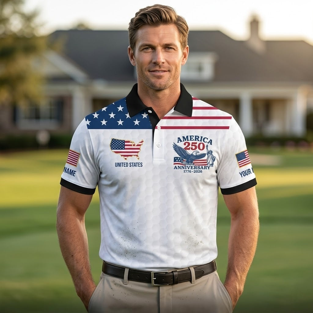 America 250 Years 1776-2026 Patriotic Golf Polo - Custom Men's Performance Golf Tops for 4th of July, United States Flag