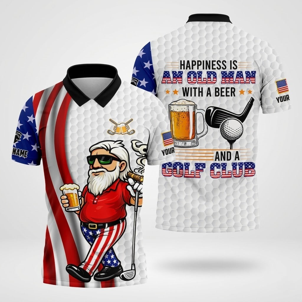 Happiness Is An Old Man With A Beer Funny 4th Of July White Golf Shirt, 250th Anniversary Golf Shirts For Men