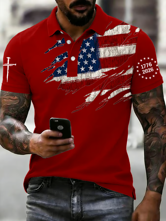250th Anniversary Faith Cross Distressed USA Flag 4th Of July Golf Shirt, Patriotic Golf Shirt, Polo For Men