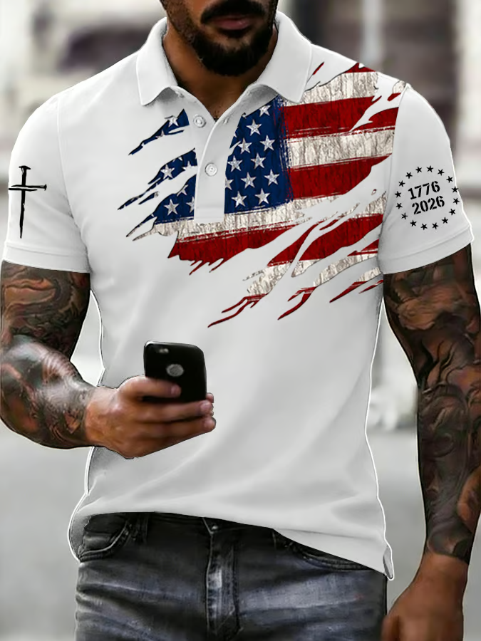 250th Anniversary Faith Cross Distressed USA Flag 4th Of July Golf Shirt, Patriotic Golf Shirt, Polo For Men
