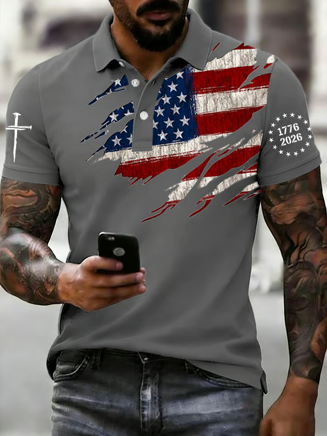 250th Anniversary Faith Cross Distressed USA Flag 4th Of July Golf Shirt, Patriotic Golf Shirt, Polo For Men