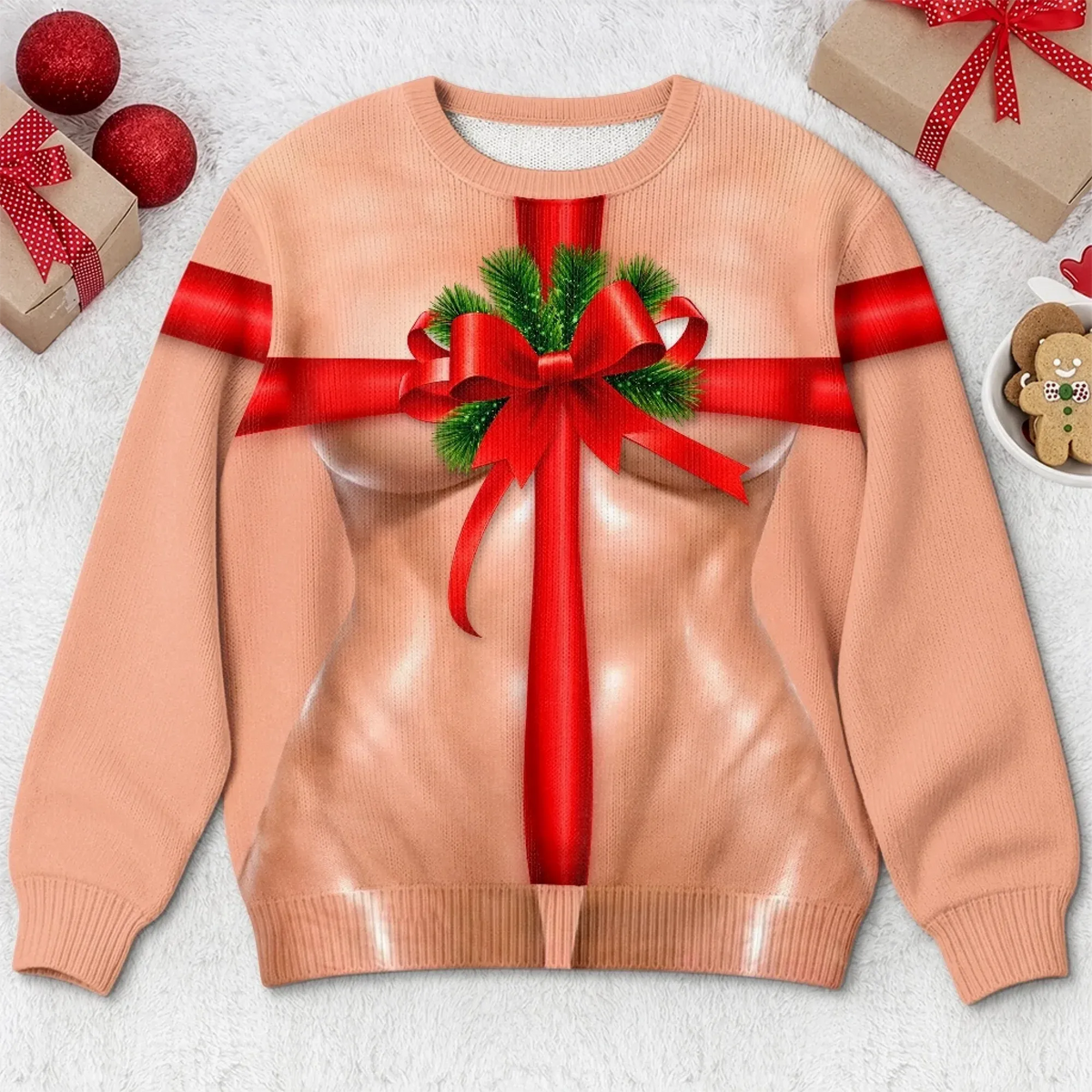 Funny Christmas Gift Bow Body Sweatshirt, Ugly Christmas Sweater, Holiday Shirt For Women