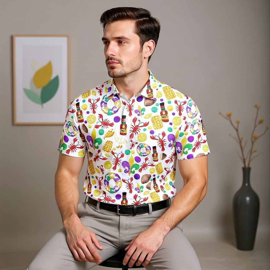 Fleur De Lis Flower White Pelican Lobster Hot Sauce Mardi Gras Golf Shirt, Golf Tops For Men, Polo Shirts For Men