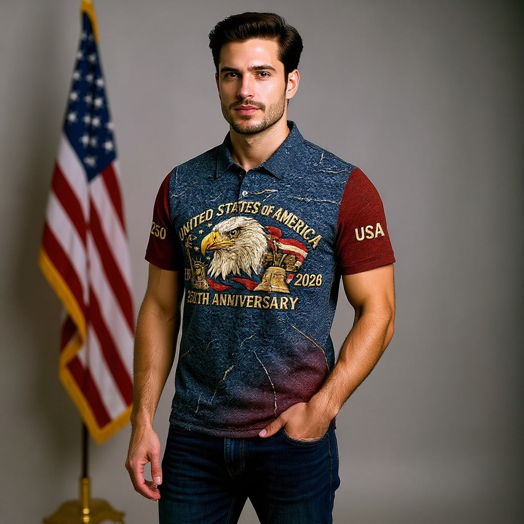 250th Anniversary American Flag And Eagle Denim Color Golf Tops For Men, Patriotic Golf Shirt, Golf Shirts For Men