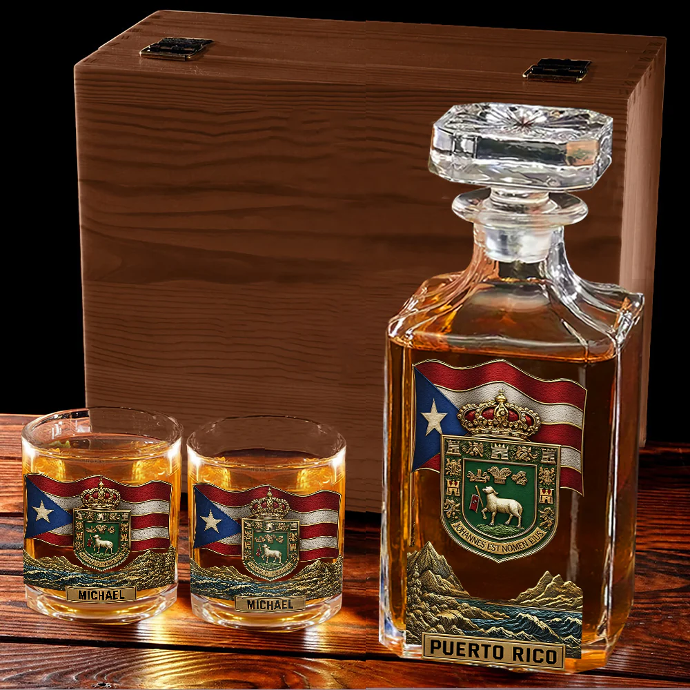 Puerto Rico Coat Of Arms Whiskey Decanter Set, Personalized Whiskey Glasses, Luxury Whiskey Glass, Man Cave Gift