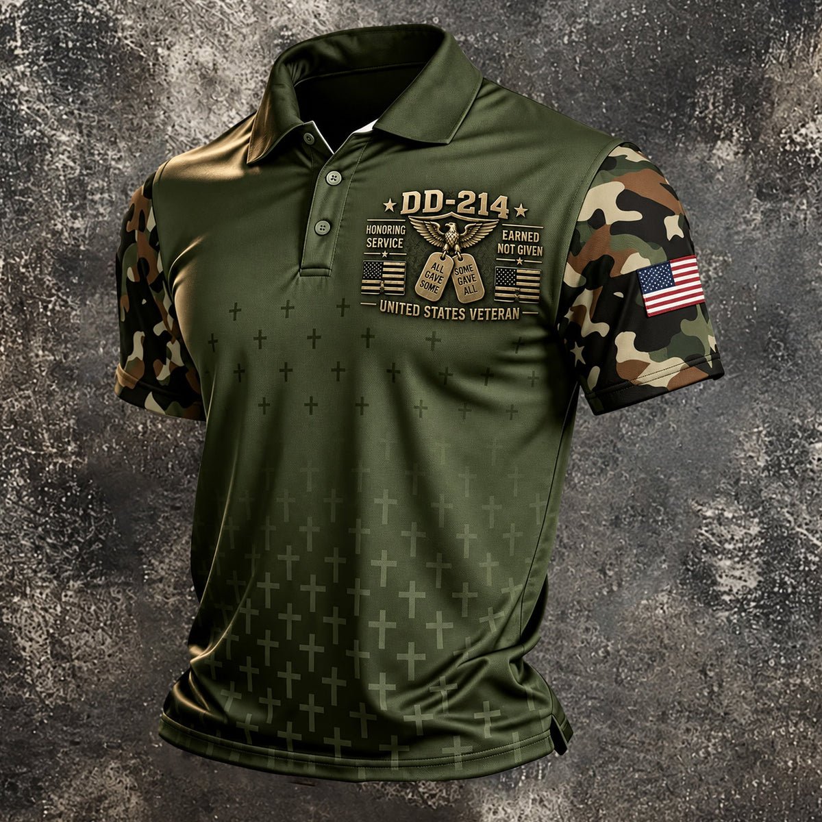DD-214 Olive Green Cross Camo Polo Shirt, Veterans Day Shirt, Golf Shirts For Men