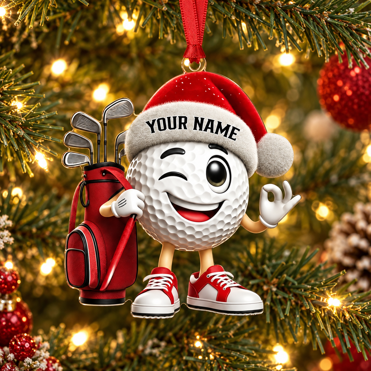 Custom Name Santa Golf Ball Acrylic Ornament, Christmas Ornaments, Golf Lover Gifts