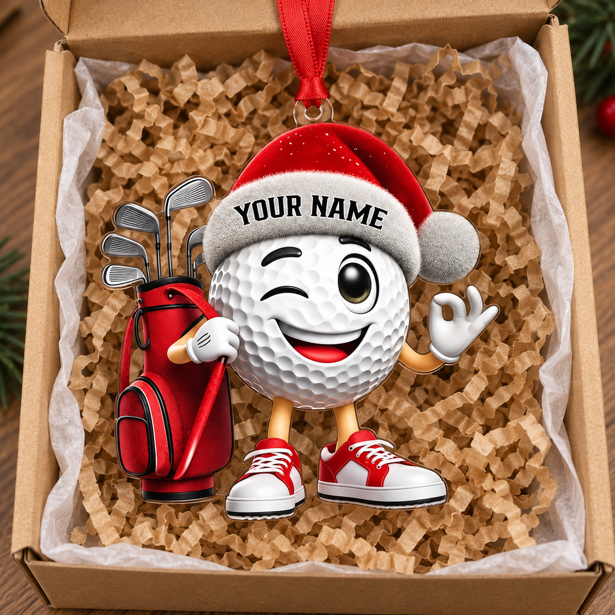 Custom Name Santa Golf Ball Acrylic Ornament, Christmas Ornaments, Golf Lover Gifts