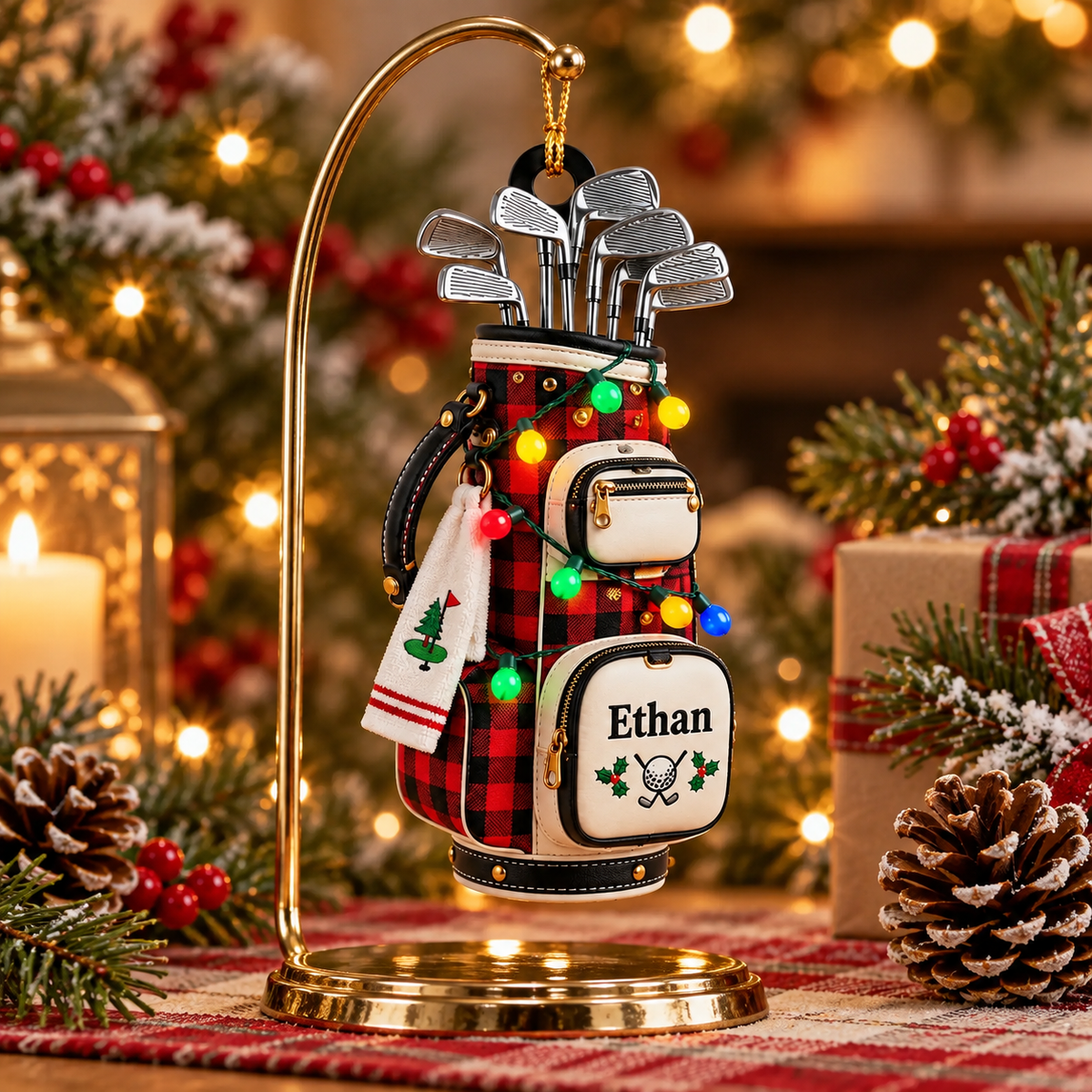 Custom Name Plaid Golf Bag Acrylic Ornament, Christmas Ornaments, Gifts For Golfers