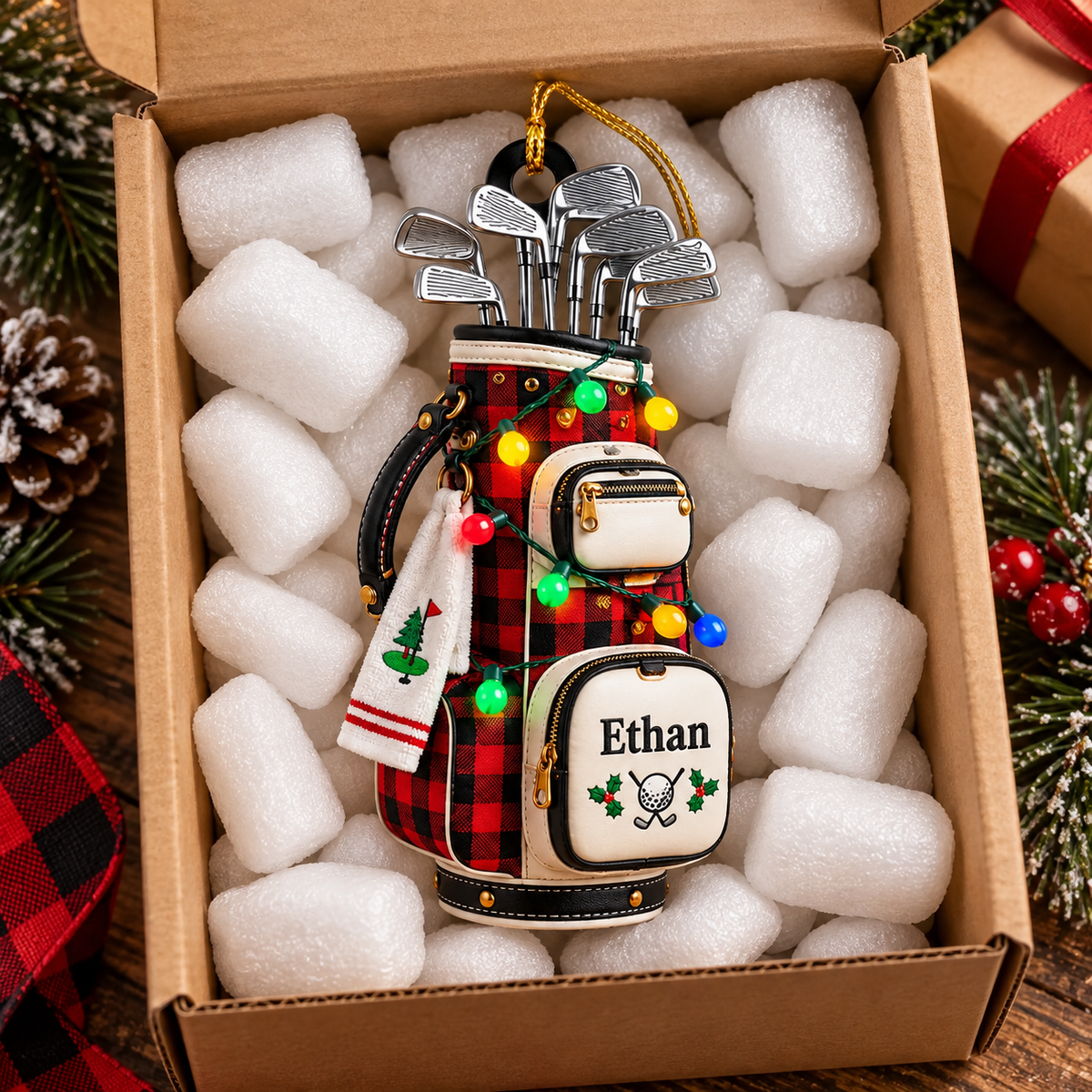 Custom Name Plaid Golf Bag Acrylic Ornament, Christmas Ornaments, Gifts For Golfers