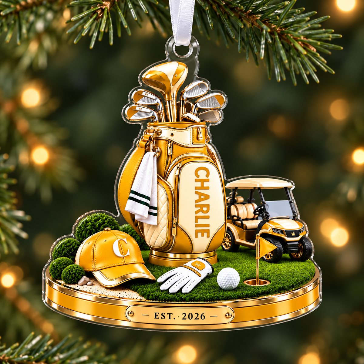 Custom Name Golf Bag And Cart Acrylic Ornament, Christmas Ornaments, Golf Lover Gifts