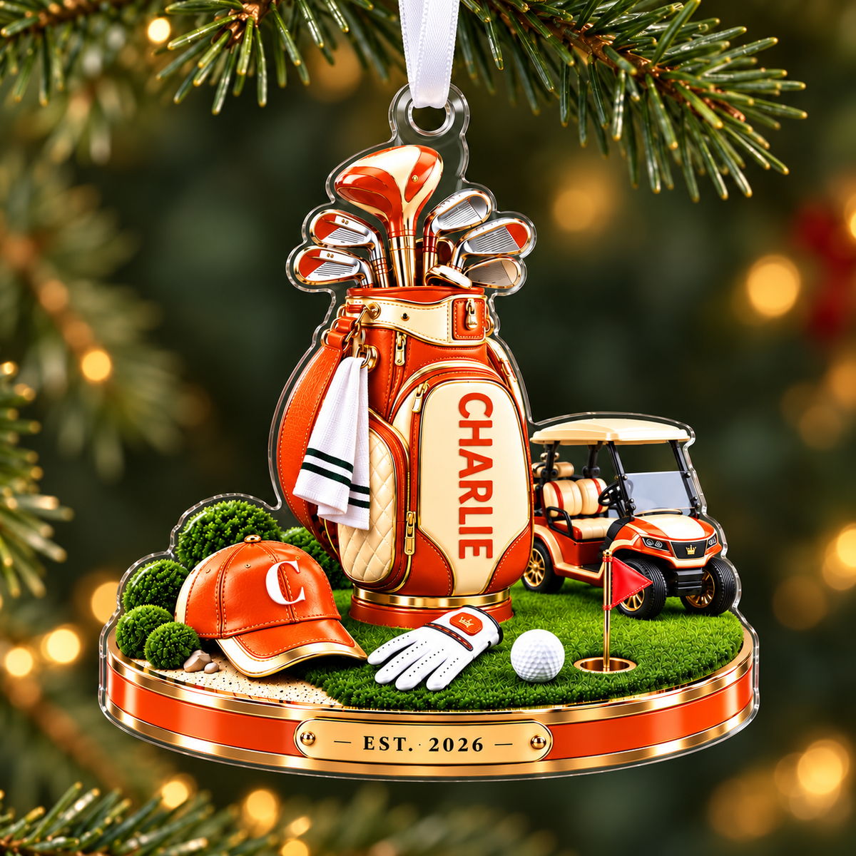 Custom Name Golf Bag And Cart Acrylic Ornament, Christmas Ornaments, Golf Lover Gifts