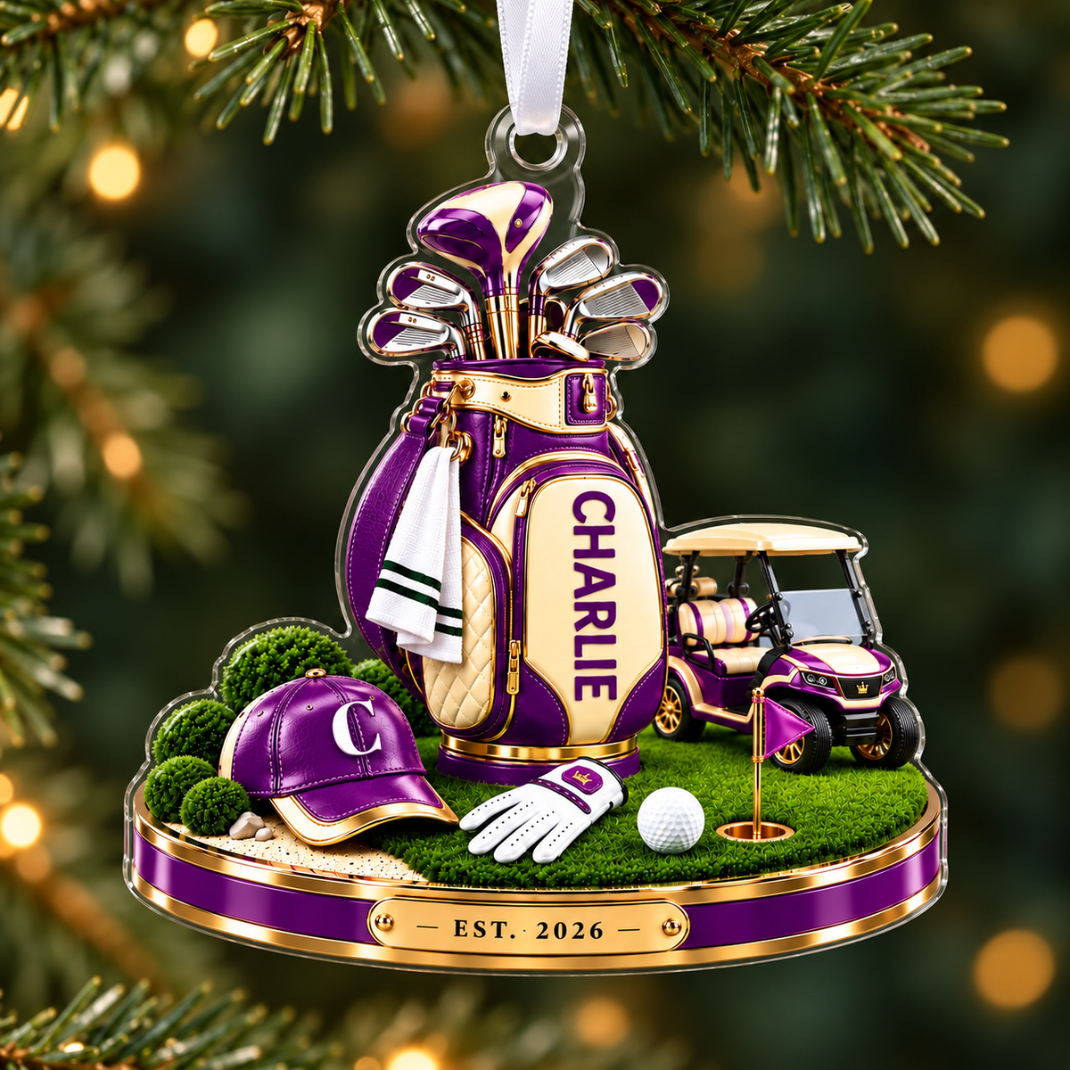 Custom Name Golf Bag And Cart Acrylic Ornament, Christmas Ornaments, Golf Lover Gifts