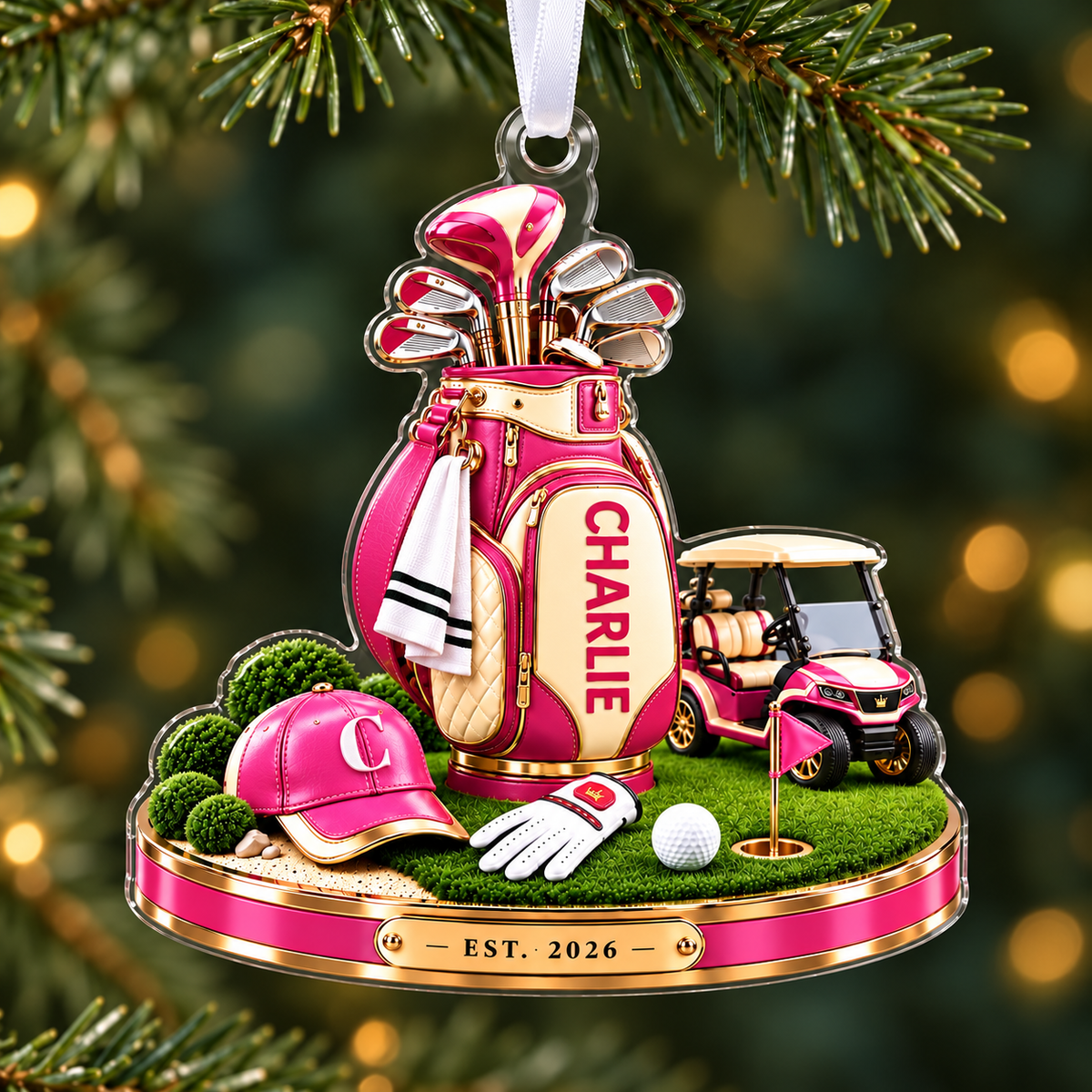 Custom Name Golf Bag And Cart Acrylic Ornament, Christmas Ornaments, Golf Lover Gifts