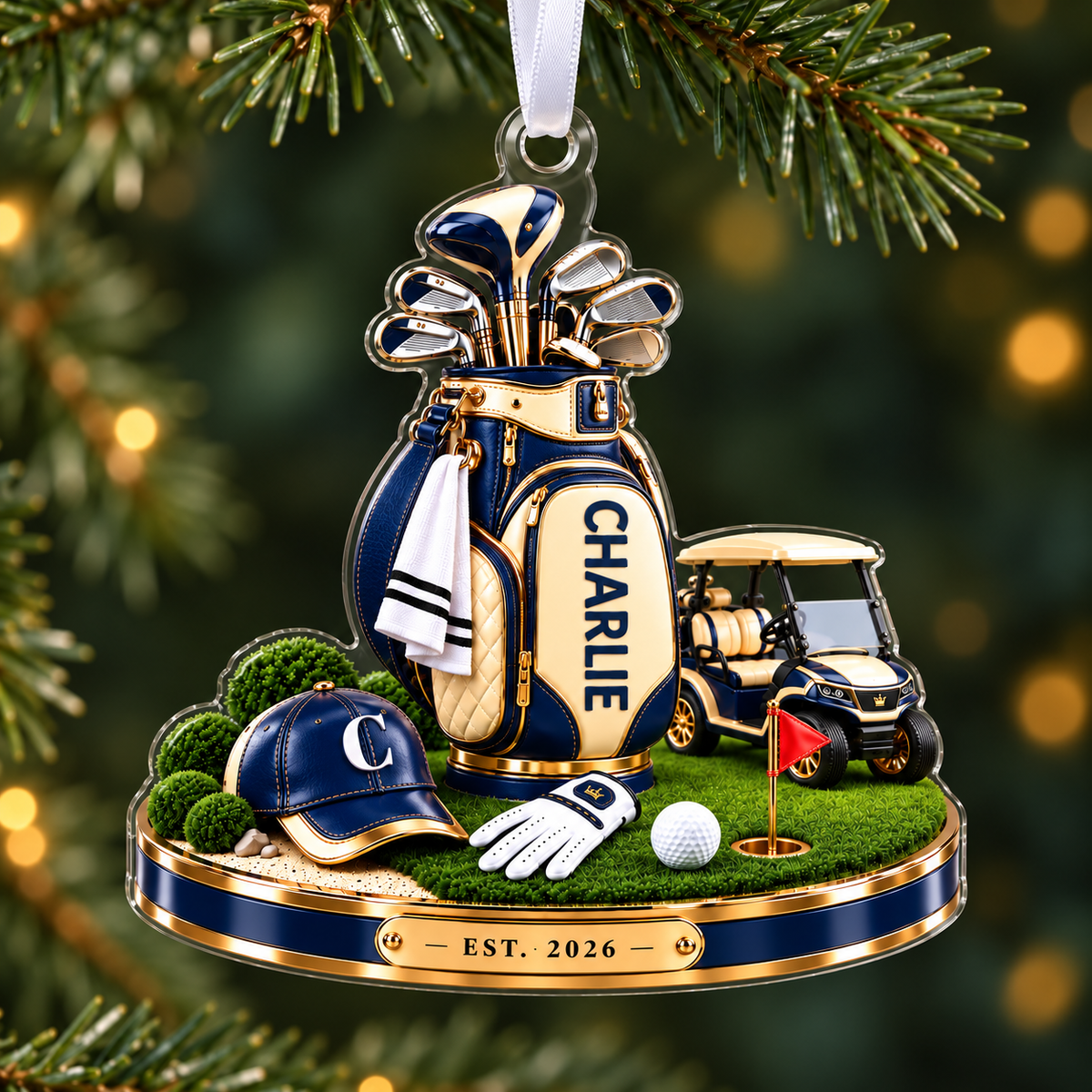 Custom Name Golf Bag And Cart Acrylic Ornament, Christmas Ornaments, Golf Lover Gifts