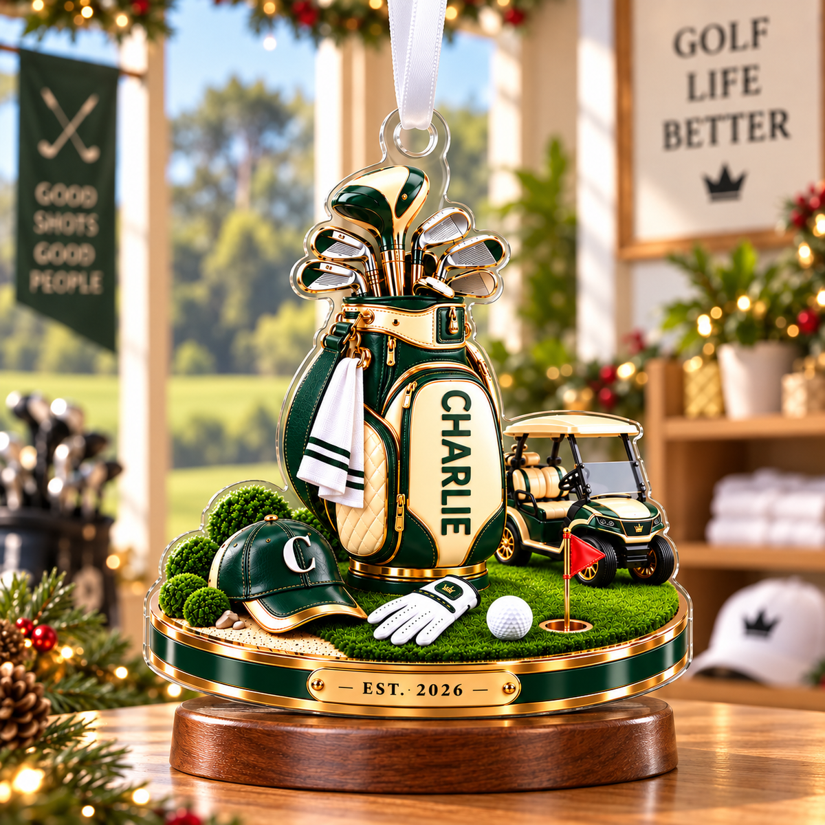 Custom Name Golf Bag And Cart Acrylic Ornament, Christmas Ornaments, Golf Lover Gifts