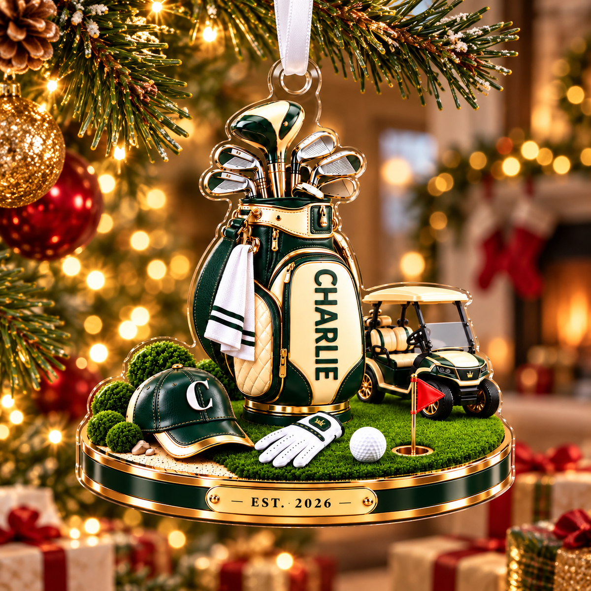 Custom Name Golf Bag And Cart Acrylic Ornament, Christmas Ornaments, Golf Lover Gifts