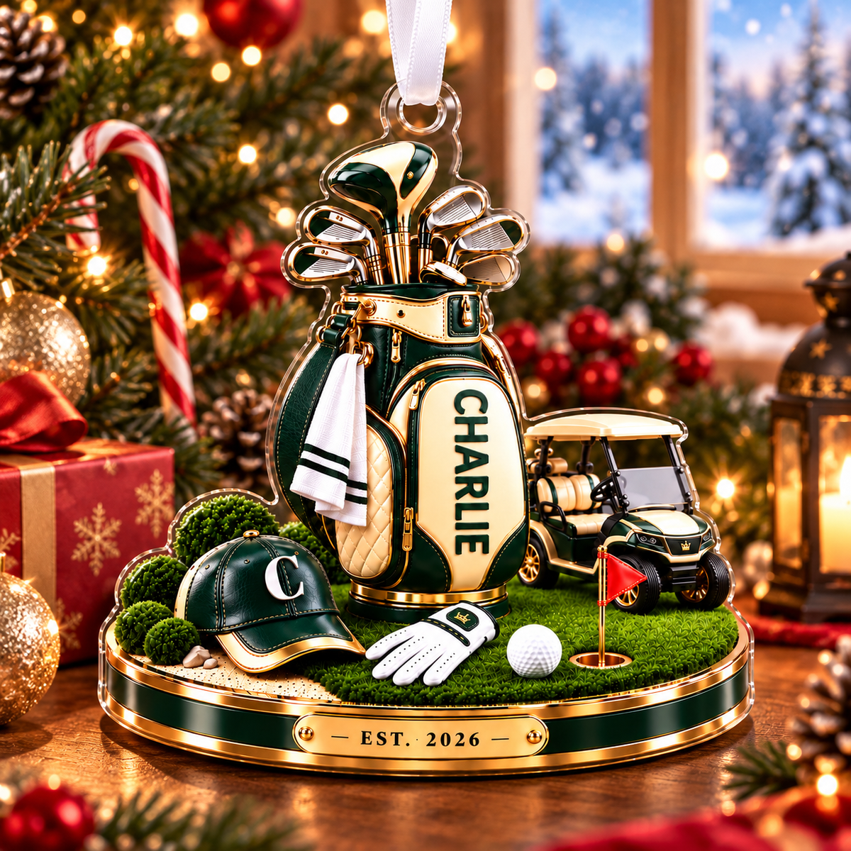 Custom Name Golf Bag And Cart Acrylic Ornament, Christmas Ornaments, Golf Lover Gifts